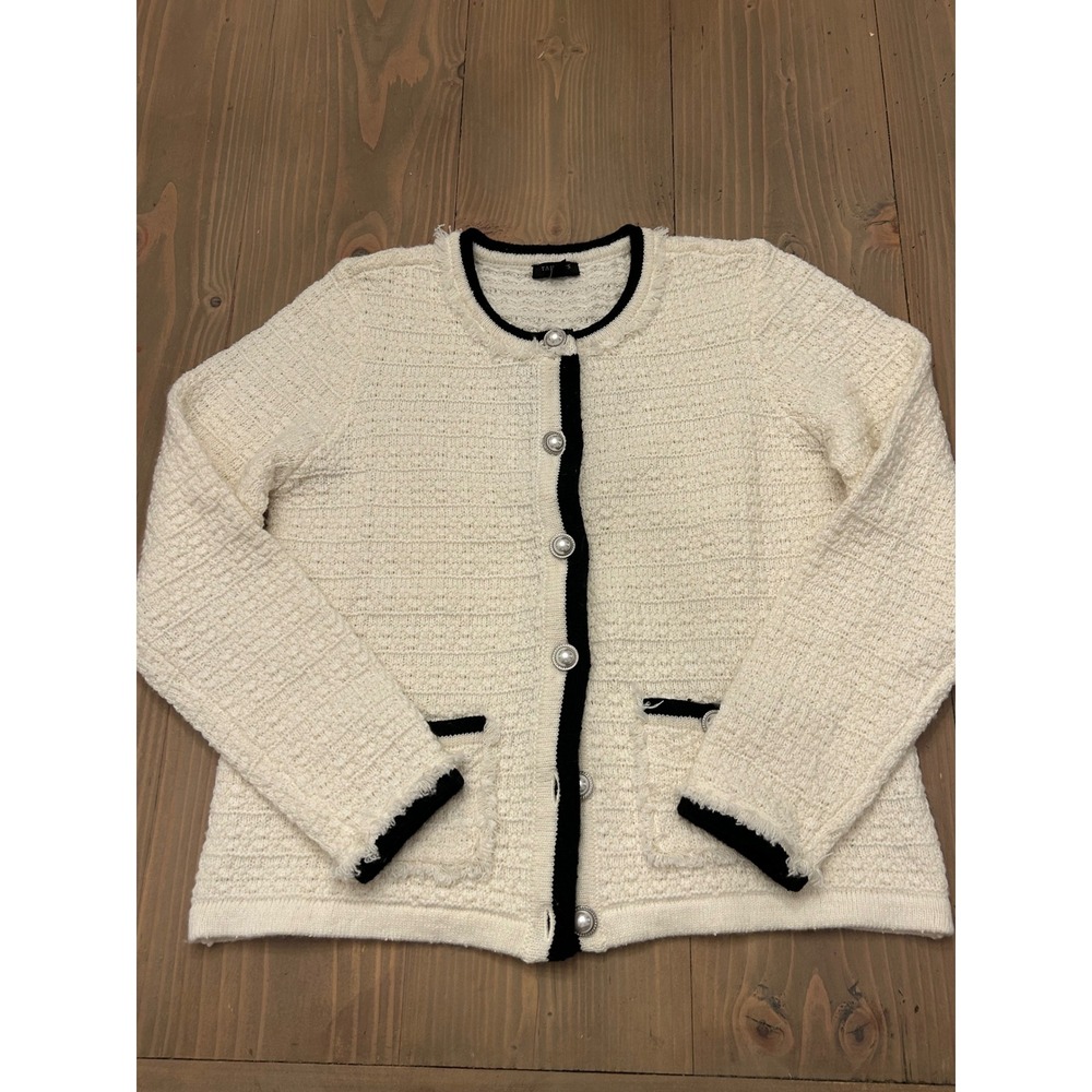 C11 Talbots Petite Cream Tweed Cardigan Sweater Black Trim Faux Pearl Buttons SP